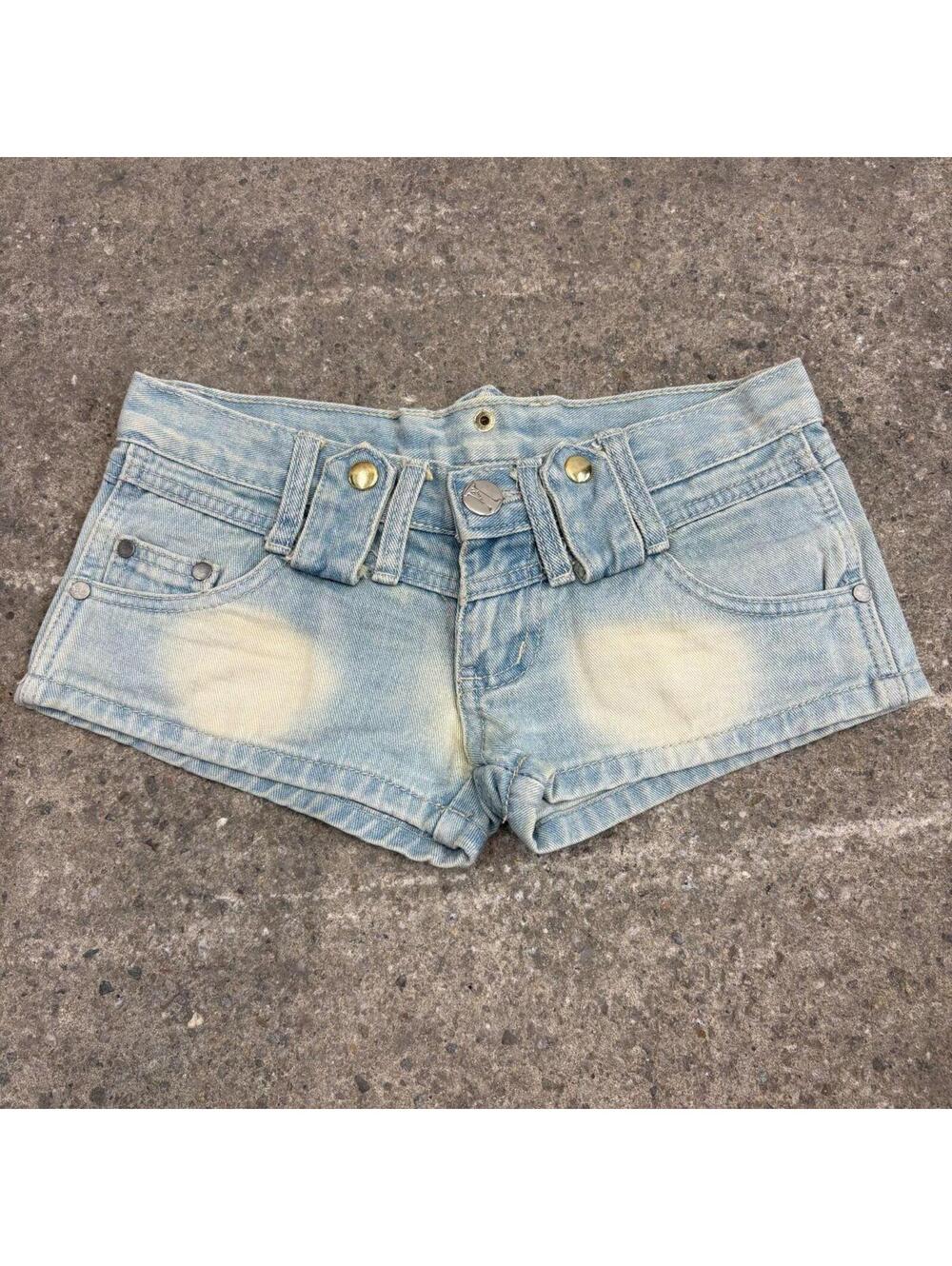 Vintage Y2K Low Rise Denim Micro Mini Shorts Light Wash
